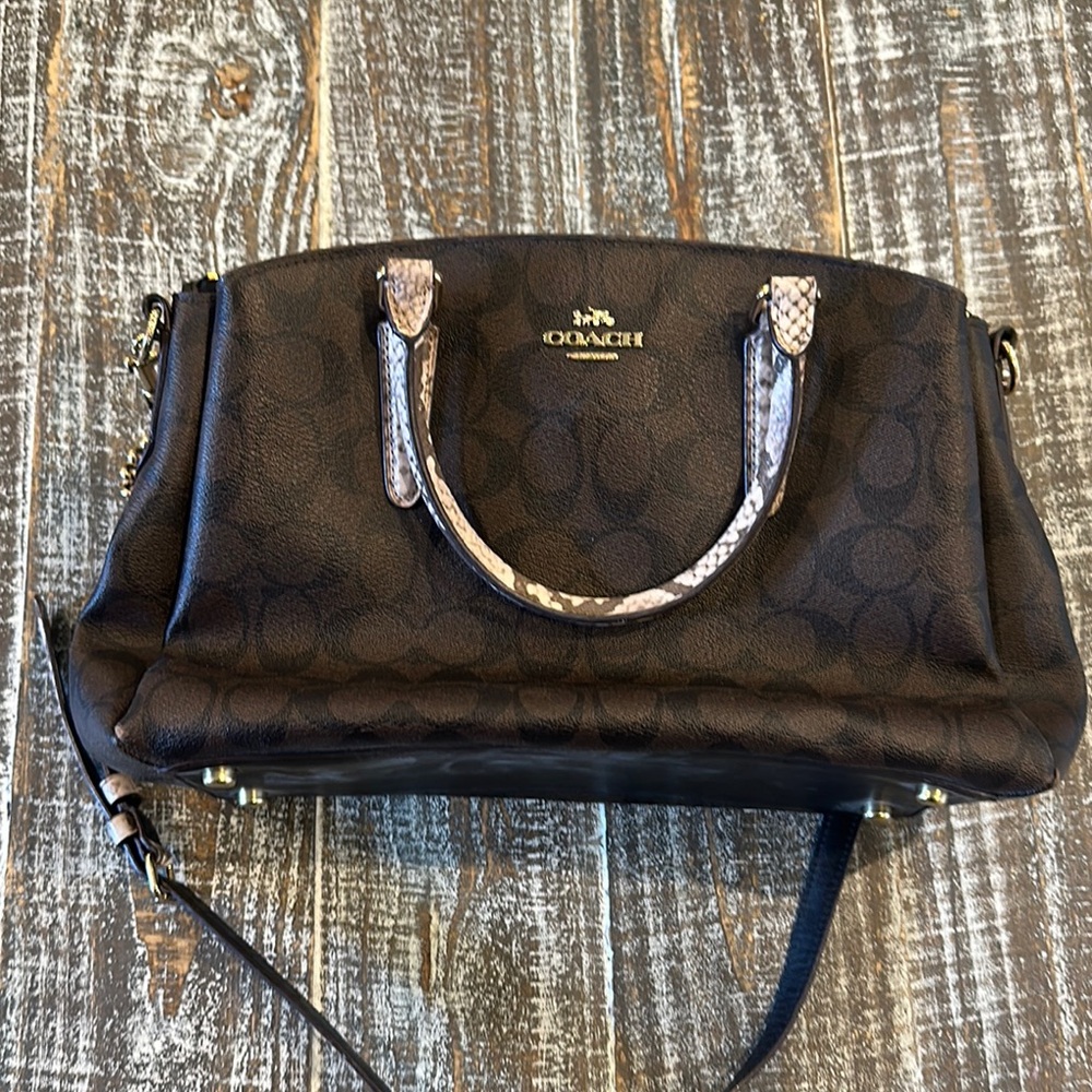 Coach Dark Brown Satchel with Pink Camo Handles